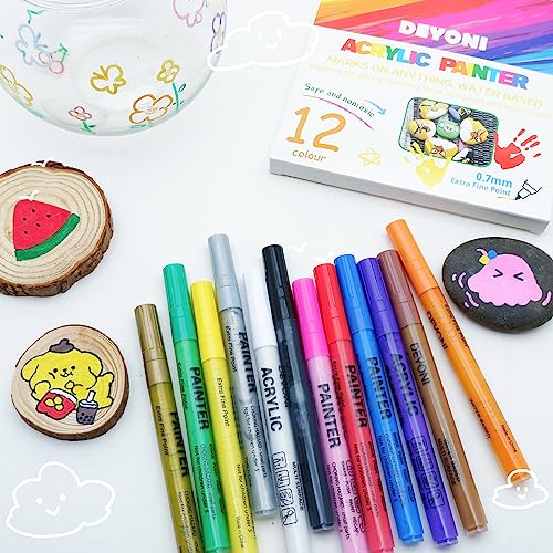 Deyoni 0.7Mm 12 Colors Acrylic Paint Pens,Extra Fine Paint Pens Acrylic Markers For Kids Canvas, Rock Painting, Wood, Fabric, Ceramic, Stone, Metal,Art Supplies #TOP4
