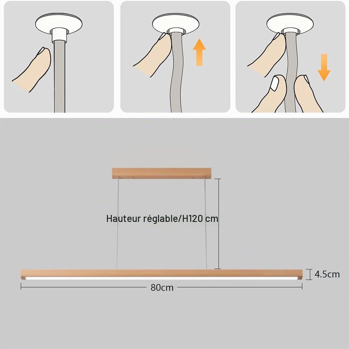 Lampe à Suspension Linéaire LED en Bois - Moderne, Dimmable pour Salle à Manger et Cuisine - Hauteur Réglable avec Télécommande (L80cm)