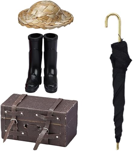Miniatura 9 de Maleta de viaje en miniatura 1/12, muebles para casa de muñecas, mini botas de lluvia, sombrero, sombrero de paja, modelo para casa de muñecas,