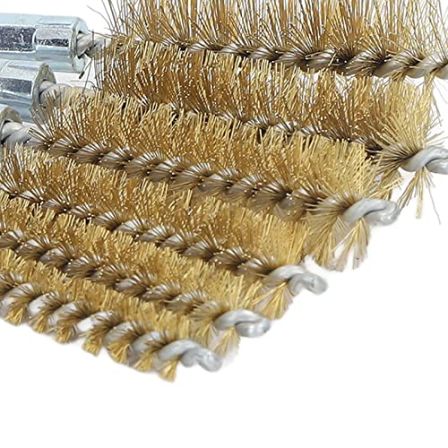 Image of Brass Wire Bore Cleaning Brush Set - 6 Pieces with 1 /4in Hex Shank, Drill Compatible (Yellow)