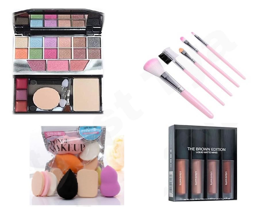 Image of Just Tya | Multicolor Professional Makeup Kit with Eyeshadow Palette, Pink Makeup Brushes Set, Beauty Sponges, Brown Matte Lipstick Set - (Pack of 16)