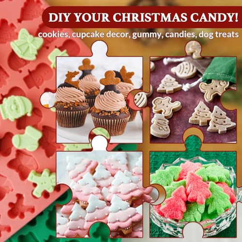 Image of HKNMTT Mini Christmas Candy Molds, Silicone 72 Cavity Chocolate Mold, Tree Santa Snowman Stocking Bell Gingerbread Shape Gummy Making Set, Food Grade for Gifts Cookies Dog Treats