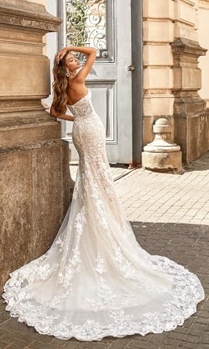 Beach Mermaid Wedding Dresses for Bride 2024 Lace Appliques V Neck Long Boho Bride Dress with Train2