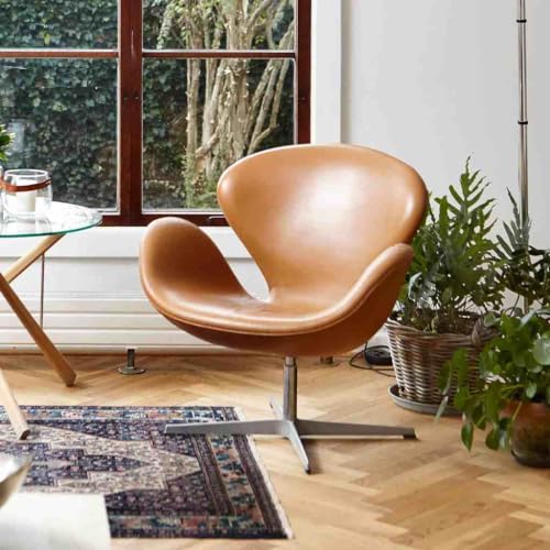 Image of Faux Leather - Modern Swivel Lounge Chair With Hydraulic Lift For Home Office Hotel Cafe (Brown)
