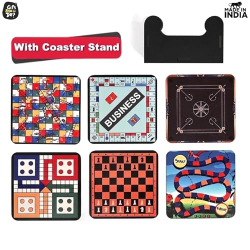 Image of GKD Coaster Set of 6 Beautiful Wooden Coasters with Proper Coaster Stand Designer Coaster Set for Tea Cups, Coffee Mugs and Glasses (Board Games)