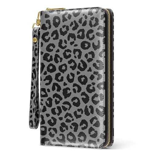 Nipichsha Womens Wallet, RFID Wristlet Wallet for Women, Cute Ladies Purse, Large Credit Card Clutch Purse, Leather Card Holder Wallets with Zipper & Phone Holder, Leopard Print
