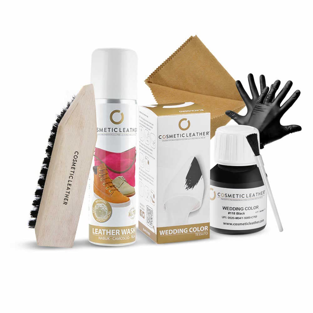 Cosmetic Leather Teinture Noire pour Chaussures de Mariée en Tissu et Satin, Pinceau et Kit de Lavage Inclus, Transforme la Paire de Mariage en Paire de Soirée