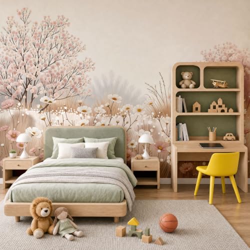Papier peint intissé fleurs sauvages wabi-sabi rose 400x280cm pour grand mur salon
