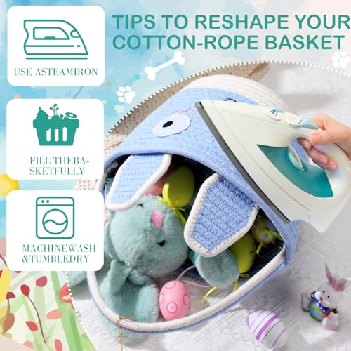 Image of Zopeal 2 Pcs Blue Easter Baskets Woven Rope Bunny Gifts Basket with Ears Large Empty Egg Storage Basket for Easter Party, 9.8 x 7.8 x 7.8 Inch