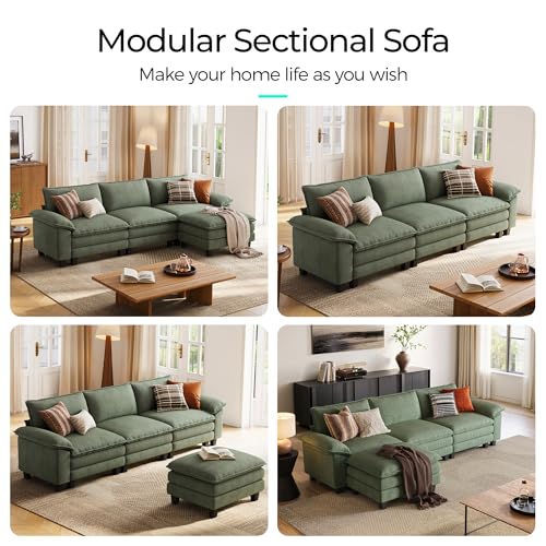 Image of LINSY HOME 123'' Modular Sectional Sofa 3 Seat Couch Corduroy Cloud Couch with Deep Seat, Modern L-Shaped Cloud Couch with 1 Movable Ottoman for Living Room, Office, Bedroom, Green