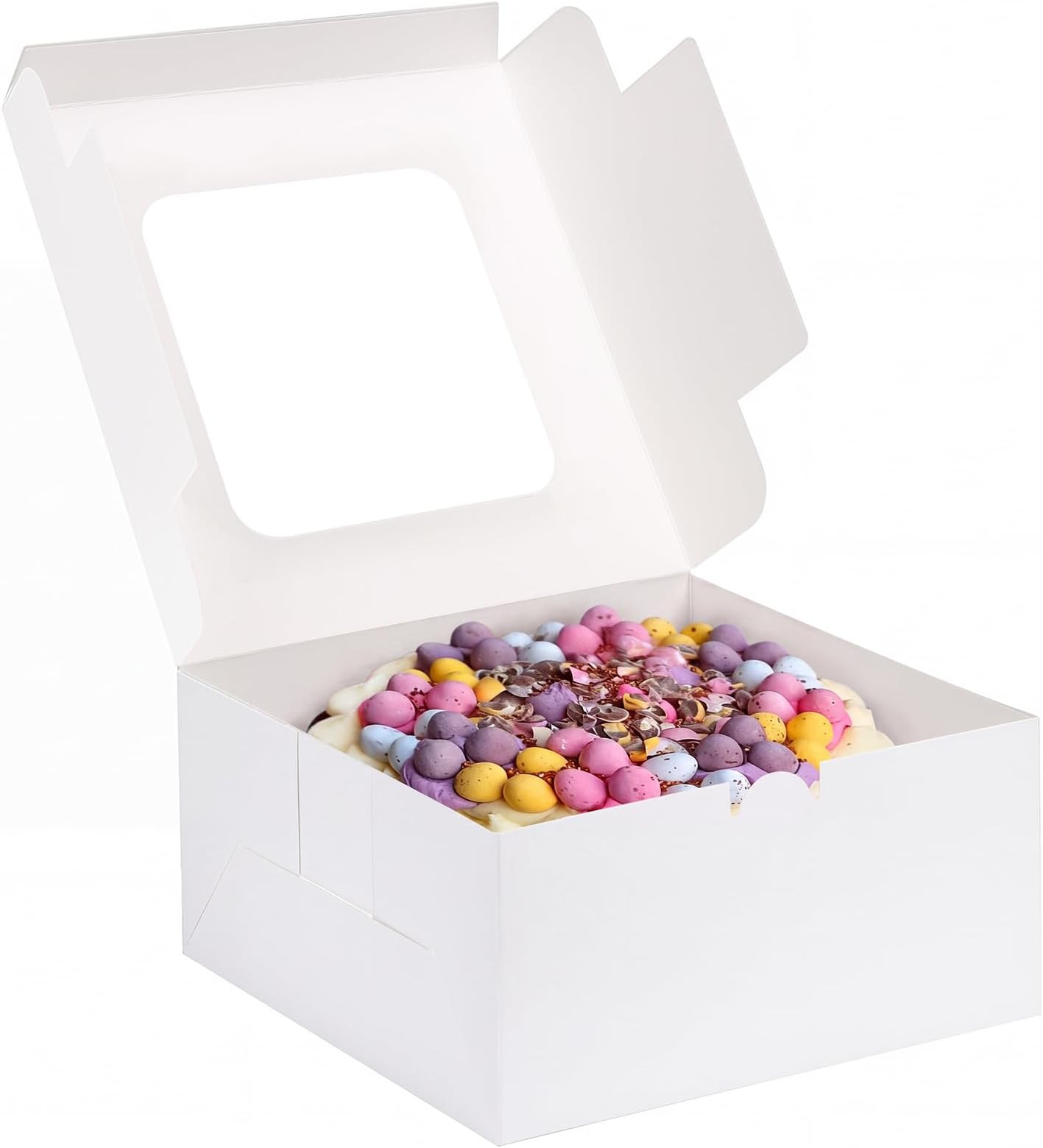 24pcs Cake Boxes, 10x10x5 Inches White Square Bakery Boxes with Window Cajas Pasteles for Cake, Mother's Day, Pastries, Chocolates, Cookies, Pie, Birthday Party, Wedding