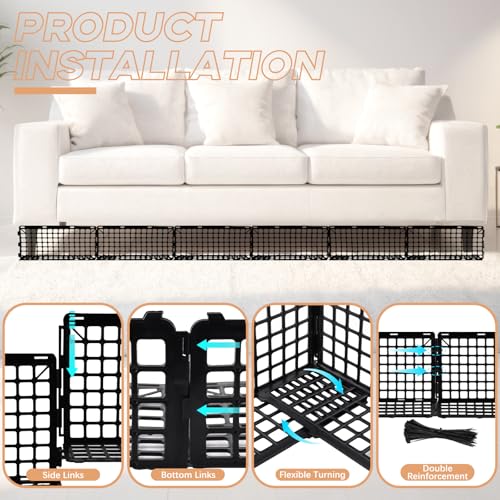 Image of 12 Pcs Under Couch Blocker for Bed Adjustable Furniture Plastic Under Bed Blocker with 30 Ties Black Couch Barriers for Dogs Pets Cats (Style4)