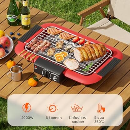 Elektrogrill Tischgrill elektrisch, Elektrischer BBQ-Grill, rauchloser Non-Stick Innen-/Outdoor-Grill, 2000W Doppelröhre tragbarer abnehmbarer Standgrill der hohen Leistung (Klassisches Rot) – Bild 3