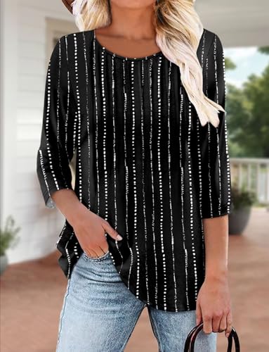KISSMODA Tunic Tops for Women Loose Fit Dressy Round Neck Pleated 3/4 Length Sleeve Spring Tops
