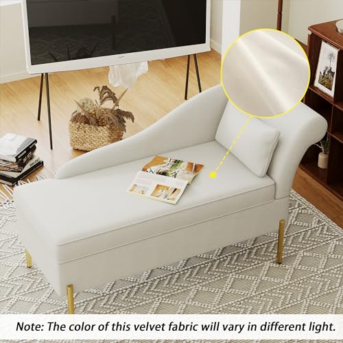 Andeworld Velvet Chaise Lounge with Storage, Modern Upholstered Tufted Chaise Lounge Chair Indoor Sofa Recliner Couch for Bedroom Office Living Room - Velvet Beige (Right Armrest) - Thumbnail 3