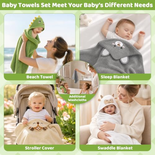 Image of 12 PCS Baby Bath Towels Set for Infants Toddlers Essentials (Deep Green, White, Grey, Brown)
