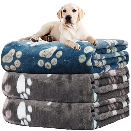 Image of 1 Pack 3 Blankets for Dogs, Dog Blankets for Large Dogs, Medium Dog Blanket Super Soft Fluffy Premium Fleece Pet Blanket Flannel Throw for Dog Puppy Cat Paw Blanket,Gray 2+ Blue 1,41x31 inch