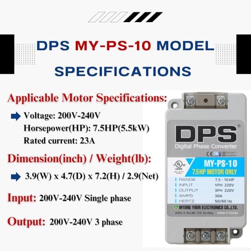 Image of DPS Single to 3 Phase Converter, MY-PS-10 Model is Used for a 7.5HP(5.5kW) 23Amps 200-240V 3 Phase Motor, Input /Output 200V-240V, UL /CE Certified