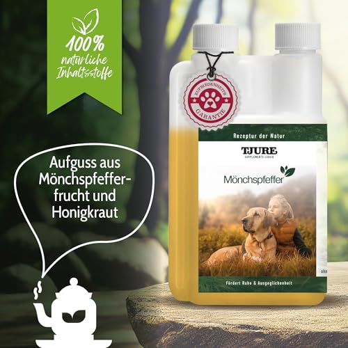 TJURE Mönchspfeffer Liquid für Hunde | 500 ml | Ergänzungsfuttermittel für Hunde mit Mönchspfeffer | Pflanzliche Rezeptur zur Unterstützung in besonderen Phasen | Made in Germany