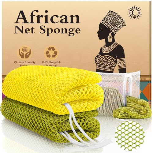 SpiralScgv Real African Net Sponge - 2 Pieces Authentic Exfoliating Body Scrubbers - Ultra-Gentle for Sensitive/Dry/Oily Skin - Shower & Bath Essential (Army Green & Yellow)