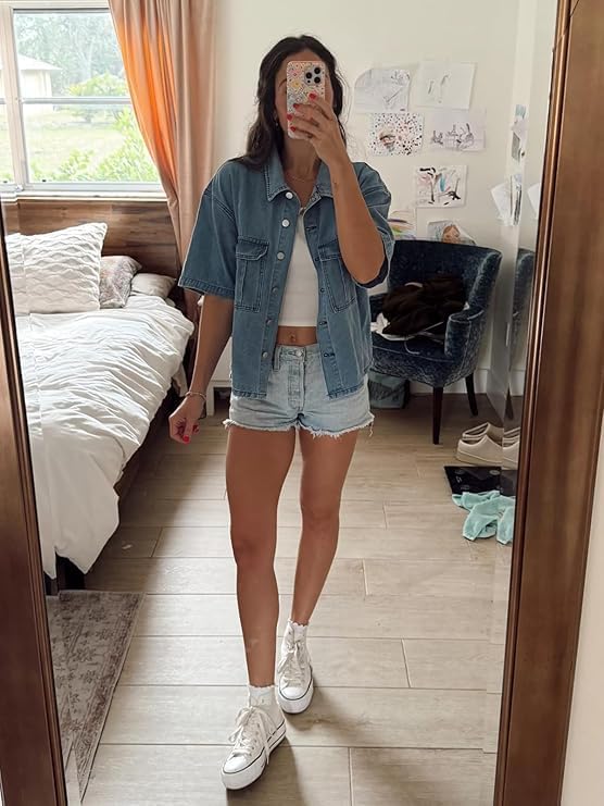 Kedera Womens Button Down Denim Shirts Casual Shirt Casual Collared Short Sleeve Western Pocket Classic Jean Shirt - Image 4