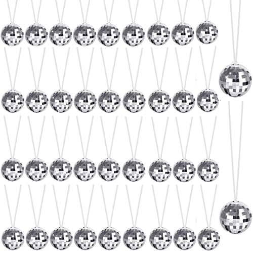 48 Pack Mirror Disco Ball Costume Necklaces - 1.57 Inch Disco Ball Necklaces for Stage Props, Xmas Party Favors, Festival, Halloween Costume Accessories