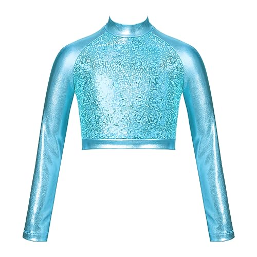 JanJean Girls Metallic Long Sleeve Dance Crop Tops Kids Mock Neck Athletic Tops Hip Hop Jazz Gymnastics Ballet Dancewear Turquoise 8 Years