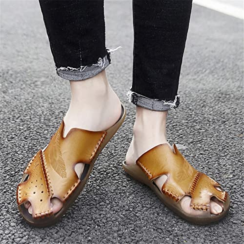 Men Sandals Leather Fashion Men's Slippers Handmade Beach Sandals Daily Walking Male Casual Shoes(D,9.5code)3