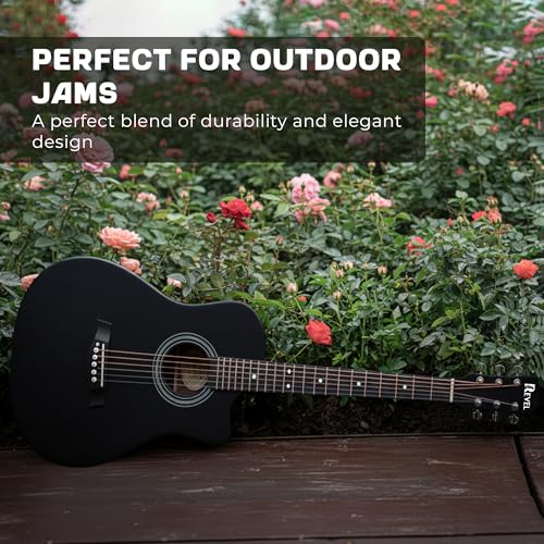Image of Revel 38 Inch Acoustic Guitar Cutaway Wooden Guitar with High-Gloss Finish, Steel Strings, Smooth Tuning Pegs, Includes Carry Bag, Picks & Sting winder Guitar for Adults. (BLACK)