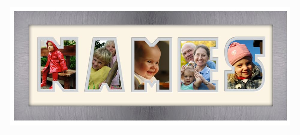 Personalised Any Name Word Photo Frame Birthday Picture Gift Present (Brushed Silver Finish Cream Mount Grey Inside, 5 Letters (Letters only no spaces)) — image 1