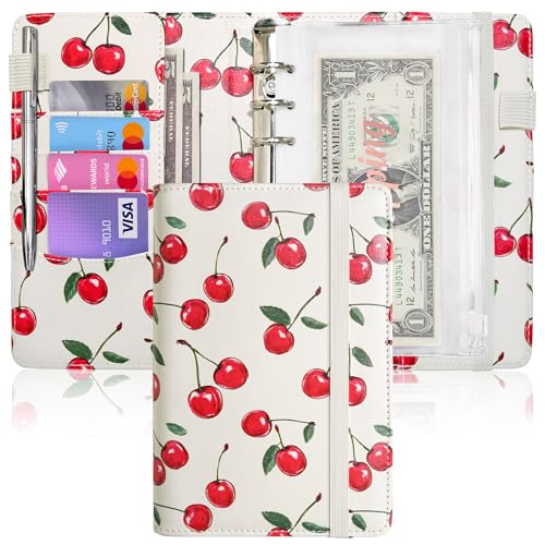 Image of A6 Budget Binder for Money Saving, PU Leather Budget Planner with 8 Cash Envelopes, Budget Sheets & Rose Gold Category Stickers, Money Organizer for Cash (Cherry Cream)