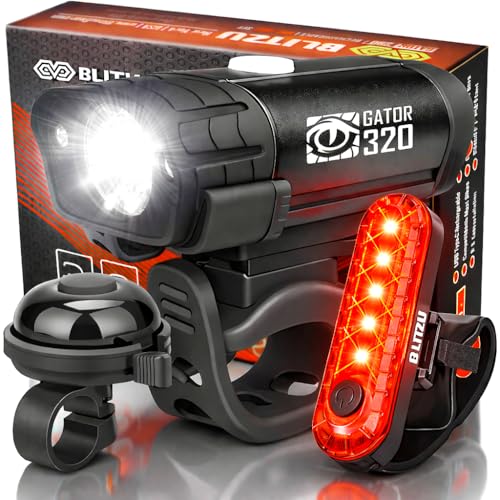 BLITZU USB-C Rechargeable Bike Lights Set with Bell – Super Bright Front Headlight & Rear Taillight for Night Cycling, Water-Resistant Safety Lights, Tool-Free Install for Men, Women & Kids