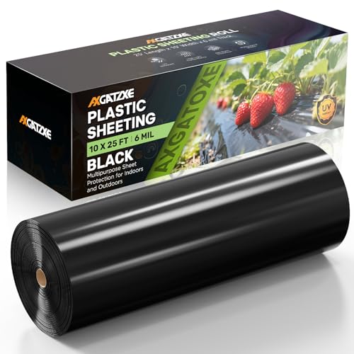 6 Mil Black Plastic Sheeting (10 x 25) Long - Heavy Duty Waterproof UV Resistant Polyethylene Sheeting Roll for Greenhouse Vapor Barrier Construction Garden & Ground Cover