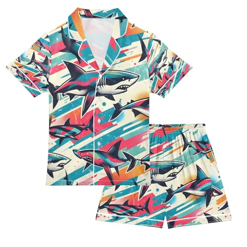 senya Sketch Sharks Satin Summer Pajama Sets Silk Short Sleeve Button Down Sleepwear