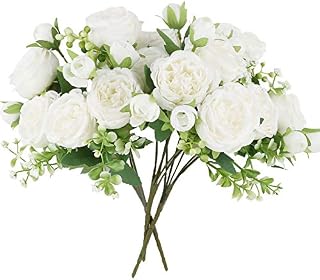 VINFUTUR 3 Bunches Artificial Peony Silk Flowers Fake Peony Silk Hydrangea Bouquet Bridal Bouquet for Wedding, Party, Home Decoration (White)