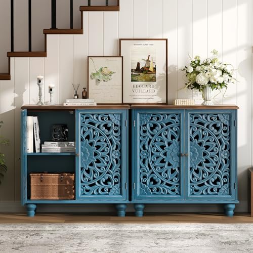 Image of Accent Cabinet with Doors, Decorative Storage Cabinet with Walnut Top and Adjustable Shelf, Carved Sideboard Buffet with Solid Wood Legs for Living Room, Entryway, Kitchen, Hallway, Blue