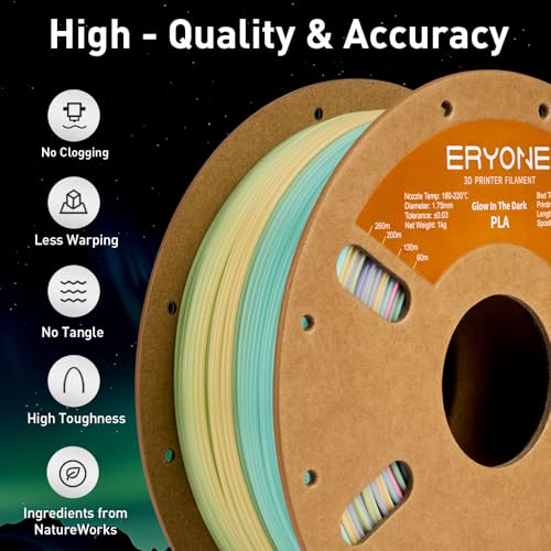 Image of ERYONE Glow in The Dark Filament 1.75mm, 3D Printer PLA Filament Dimensional Accuracy + /- 0.02mm, 1kg (2.2LBS) /Spool, Neon Rainbow