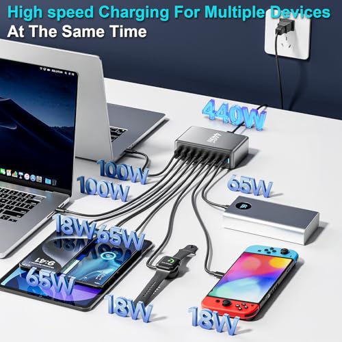 Image of 440W USB C Charger Block, Multi-port Fast USB Charging Station Dual PD 100W GaN Ⅲ Charging Station For Multiple Devices, Laptop Charger Adapter Compatible with MacBook, DELL, iPad, iPhone, Samsung etc