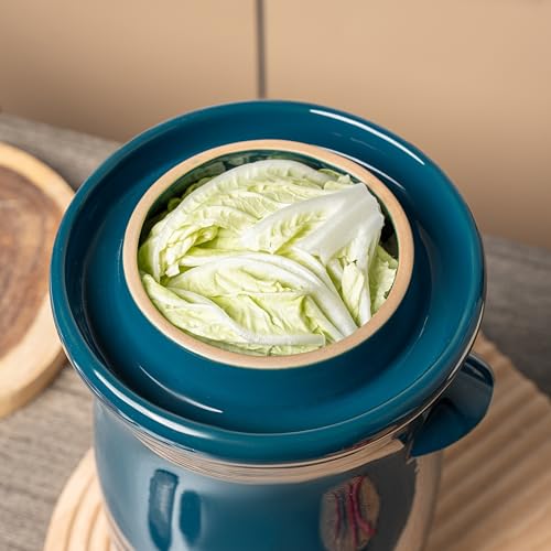HFOXGO Fermentation Crock 3.8Liter/1 Gallon Stoneware Pot for Fermenting, Pickling Kimchi, Pickles, Vegetables, Kombucha - Glazed Fermenter with Stone Weights, Lid & Pickle Tamper-Blue Crock