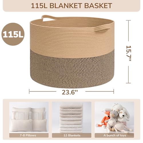 Image of INDRESSME 115L Extra Large Blanket Basket, Woven Baskets for Storage, Wicker Storage Basket for Organizing Woven Laundry Baskets for Toy Pillow Shoe Entryway, Camel & Mix Camel