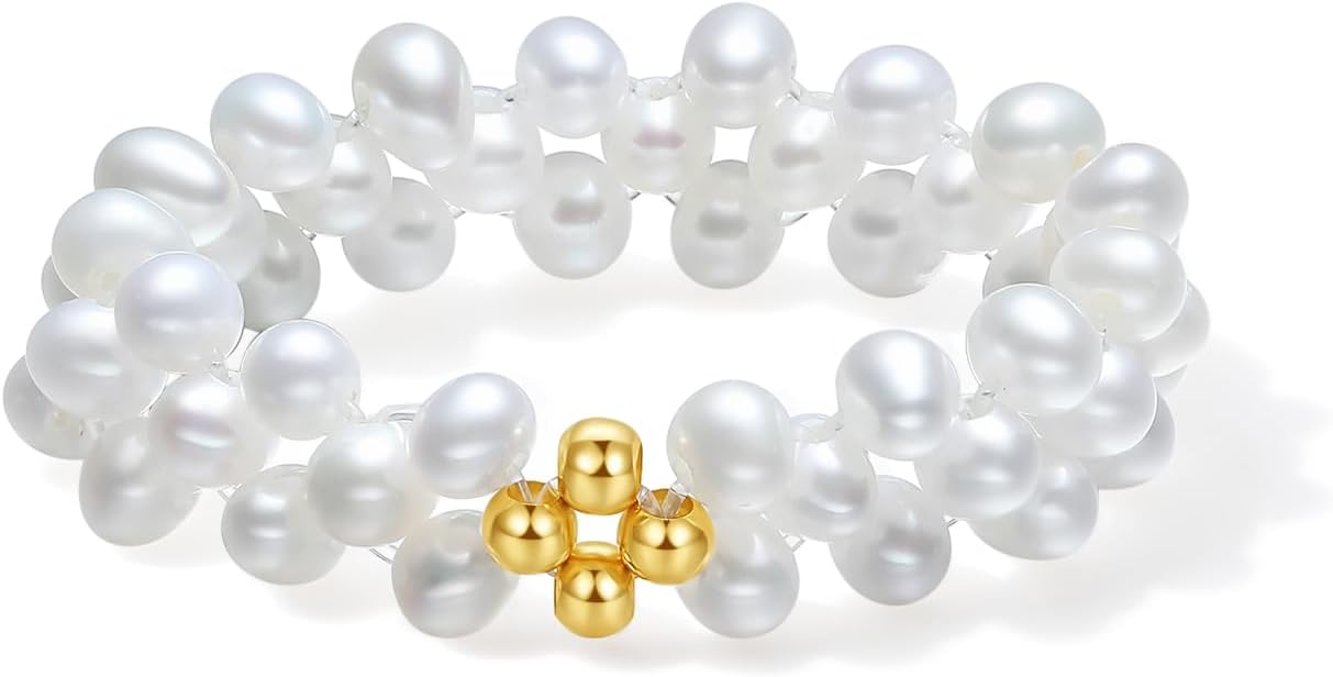 18K Yellow Gold Rings White Freshwater Pearl Ring Handmade Beaded Ring Multilayer Stackable Gold Dainty Jewelry for Women Daughter Birthday Anniversary X0114081