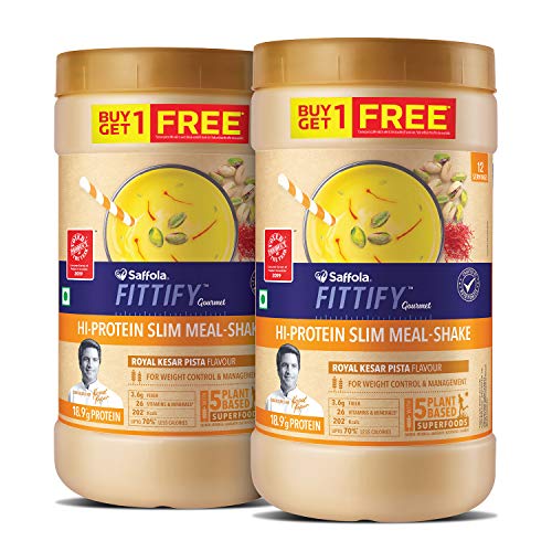 Saffola Fittify Gourmet Hi Protein Slim Meal-Shake Royal Kesar Pista 420gm, 12 Servings, Pack of 2 Saffola Fittify Gourmet Hi Protein Slim Meal-Shake Royal Kesar Pista 420gm, 12 Servings, Pack of 2