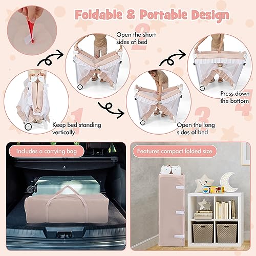 Image of BABY JOY 4 in 1 Pack and Play with Canopy, Portable Baby Playard with Bassinet, Double-Layer Baby Crib, Wheels & Brake, Foldable Baby Girl Pink Bassinet from Newborn to Toddler