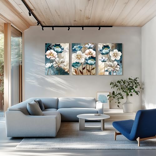 SERIMINO Large Canvas Wall Art for Living Room, Blue Floral Pictures Wall Decor for Dining Room Bedroom Bathroom Kitchen 3 Pieces Lotus Flower Print Painting for Home Decorations 20"X28"