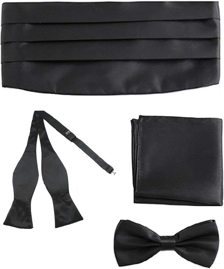 Shopluvonline Unisex Complete Satin Cummerbund Combo| Neck Tie, Bow Tie, Open Bow Pocket , Square Cufflinks (Black, Free Size) -4 Pieces Set
