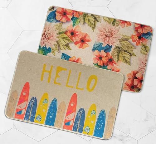 Image of Yellow Weaves 2 Pcs Jute Texture Non-Slip Bathmat, Water Absorbent Floor mat, Rugs, Door Mats for Bathroom, Living Room, Bedroom, Entrance, Outdoor, Kitchen, Office (Multi Floral & Beige)