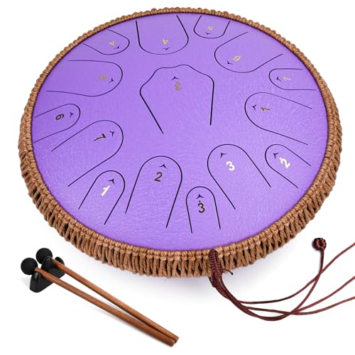 Image of Steel Tongue Drum-14 Inch 15 Notes Tongue Drums, Steel Drum Instrument for Adults, Handpan Drums with Music Book, Handpan Drum Mallet, and Carry Bag, C Major (Purple)