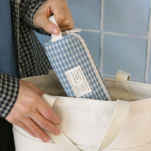 Image of Monolike Unmatched Friends Fabric Check Block Pencil Case, Vintage sky - Aesthetic Gingham Pastel Desk Organizer, Soft Padded Makeup Brush Case, Trendy Minimalist Stationery Pouch