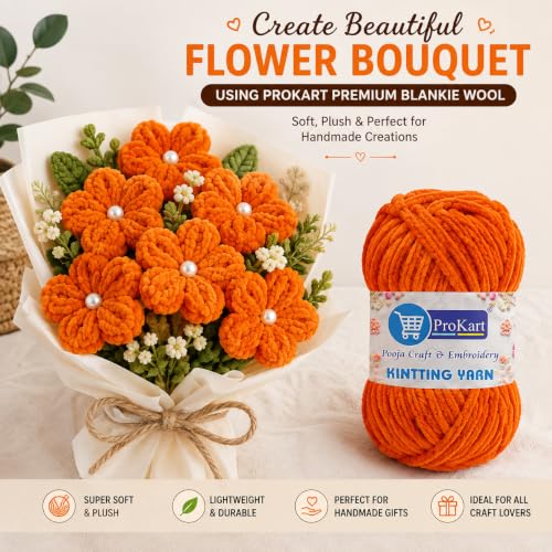 Image of ProKart Premium Blankie Chenille Yarn, Plush & Cuddly Supersoft Thick Wool Ball for Knitting & Crochet, Baby & Adult Blankets, Sweaters, Caps, Scarves & Throws, Dark Orange, 100g