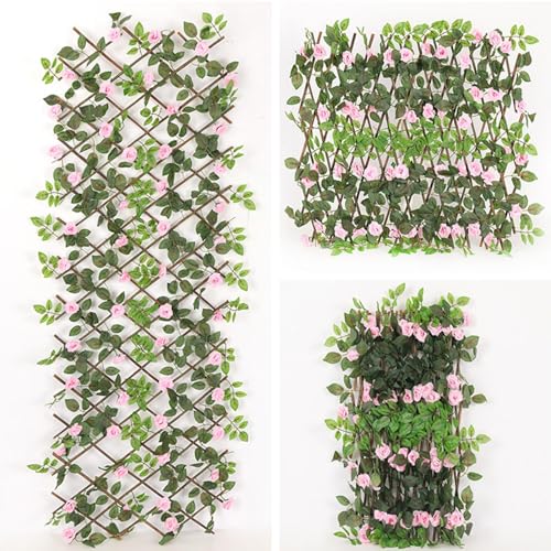Seto Artificial Ocultacion Jardin Con Flores, Celosia Extensible Con Hojas De Hiedra Sintética, Seto Artificial Decorativo Pantalla De Privacidad Para Valla De Jardin Terraza, Valla De Privacidad